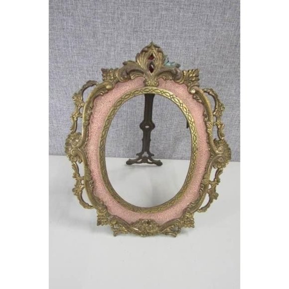 Antique Pink and Gold Gilded ORNATE METAL FRAME W/ HINGED EASEL BACK STAND~Marke